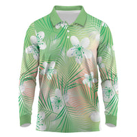 Green Aloha Hawaiian Long Sleeve Polo Shirt Tropical Flower Palm Leaf Pattern LT19 Green - Polynesian Pride