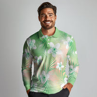 Green Aloha Hawaiian Long Sleeve Polo Shirt Tropical Flower Palm Leaf Pattern LT19 - Polynesian Pride