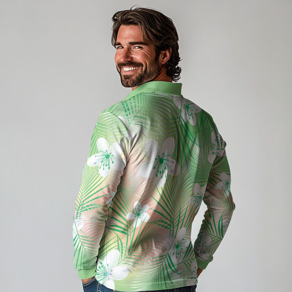 Green Aloha Hawaiian Long Sleeve Polo Shirt Tropical Flower Palm Leaf Pattern LT19 - Polynesian Pride