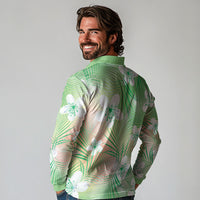 Green Aloha Hawaiian Long Sleeve Polo Shirt Tropical Flower Palm Leaf Pattern LT19 - Polynesian Pride
