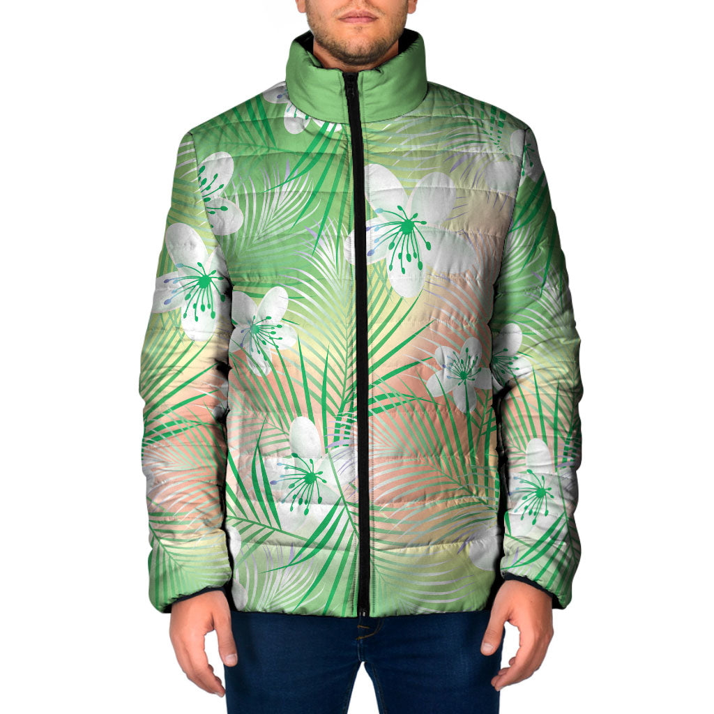 Green Aloha Hawaiian Padded Jacket Tropical Flower Palm Leaf Pattern LT19 Men Green - Polynesian Pride