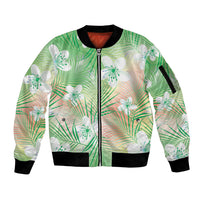 Green Aloha Hawaiian Sleeve Zip Bomber Jacket Tropical Flower Palm Leaf Pattern LT19 Unisex Green - Polynesian Pride