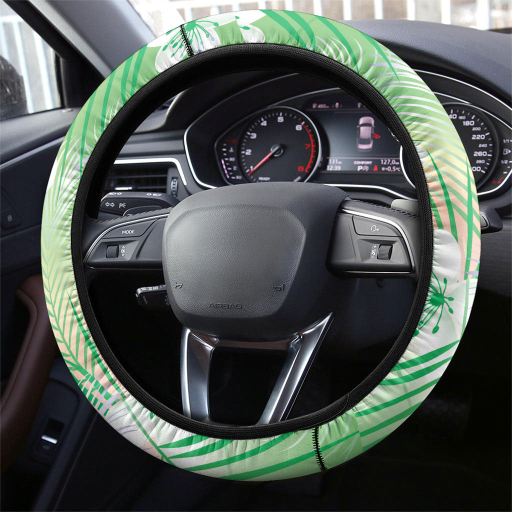 Green Aloha Hawaiian Steering Wheel Cover Tropical Flower Palm Leaf Pattern LT19 - Polynesian Pride