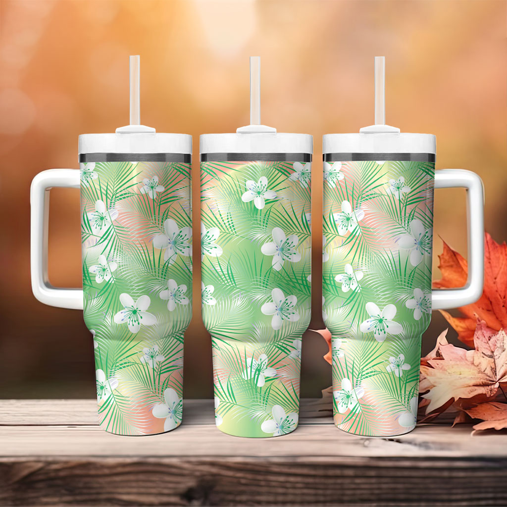 Green Aloha Hawaiian Tumbler With Handle Tropical Flower Palm Leaf Pattern LT19 - Polynesian Pride