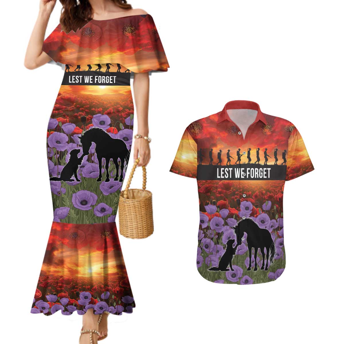 Personalised ANZAC Day Couples Matching Mermaid Dress and Hawaiian Shirt Remembering the Animals of War