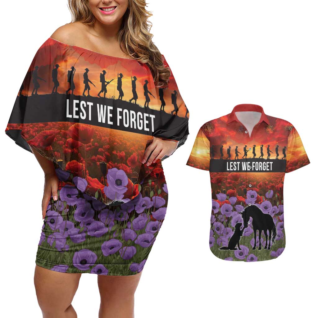 Personalised ANZAC Day Couples Matching Off Shoulder Short Dress and Hawaiian Shirt Remembering the Animals of War LT19 Purple - Polynesian Pride