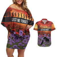 Personalised ANZAC Day Couples Matching Off Shoulder Short Dress and Hawaiian Shirt Remembering the Animals of War LT19 Purple - Polynesian Pride