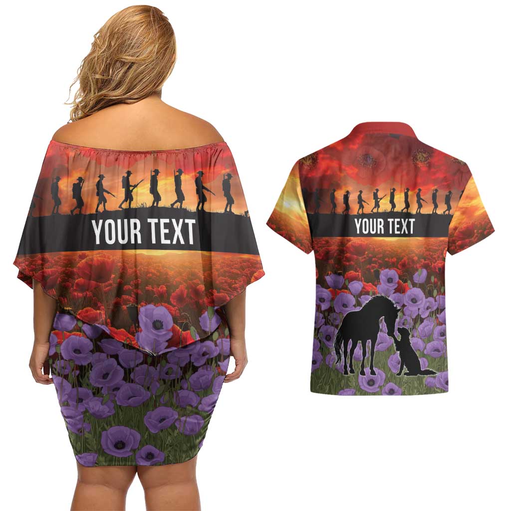 Personalised ANZAC Day Couples Matching Off Shoulder Short Dress and Hawaiian Shirt Remembering the Animals of War LT19 - Polynesian Pride