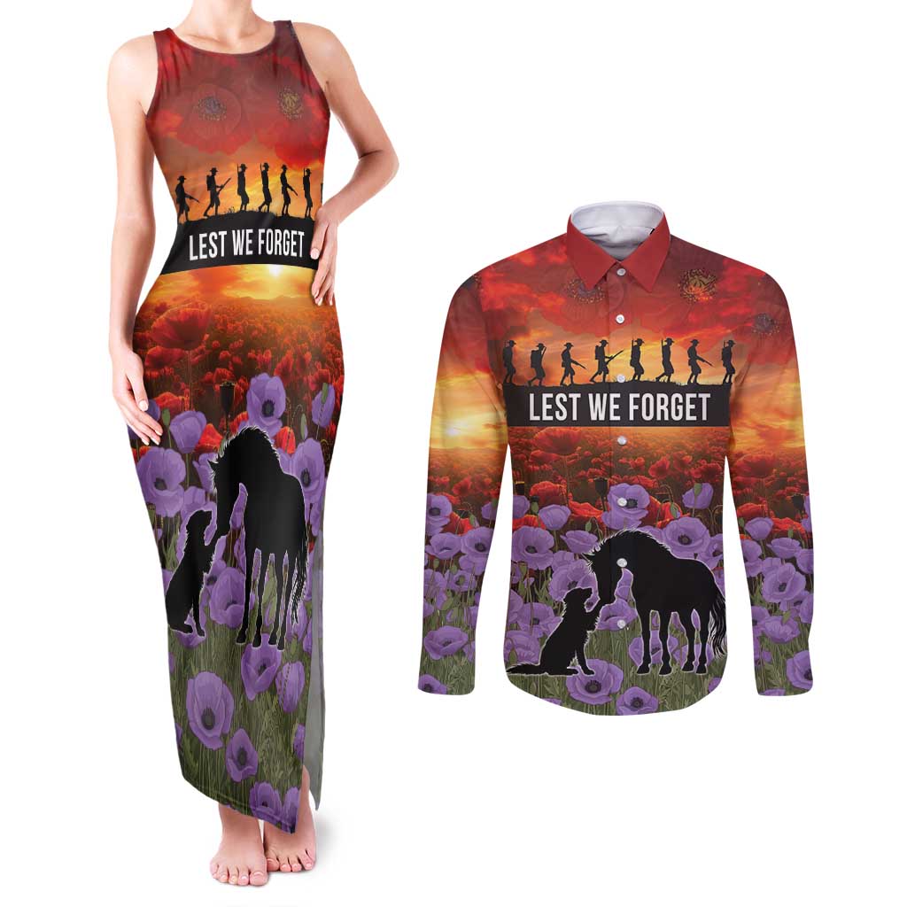 Personalised ANZAC Day Couples Matching Tank Maxi Dress and Long Sleeve Button Shirt Remembering the Animals of War