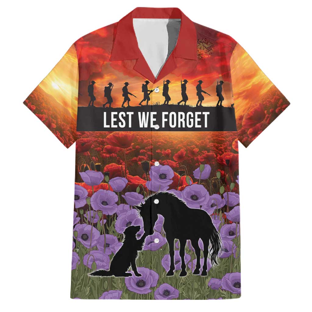 Personalised ANZAC Day Family Matching Off Shoulder Maxi Dress and Hawaiian Shirt Remembering the Animals of War LT19 Dad's Shirt - Short Sleeve Purple - Polynesian Pride