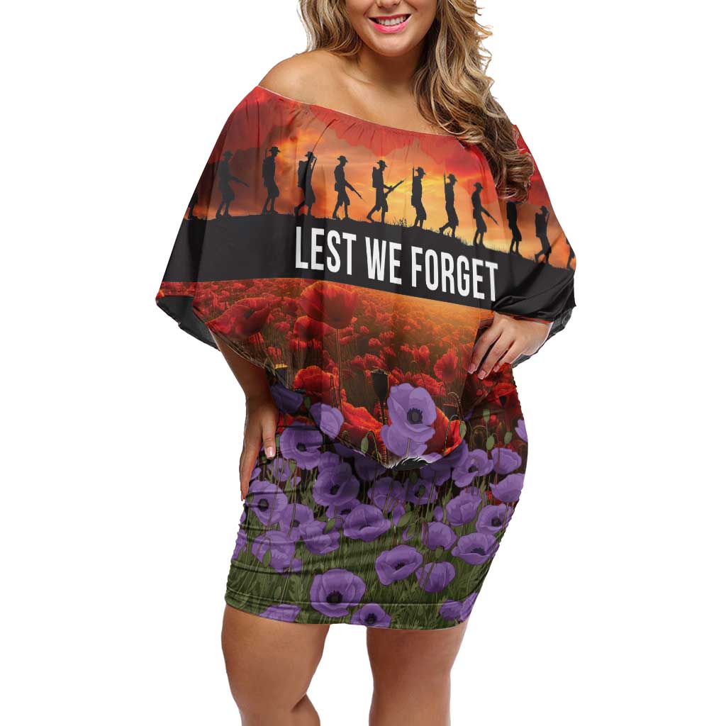 Personalised ANZAC Day Family Matching Off Shoulder Short Dress and Hawaiian Shirt Remembering the Animals of War LT19 Mom's Dress Purple - Polynesian Pride