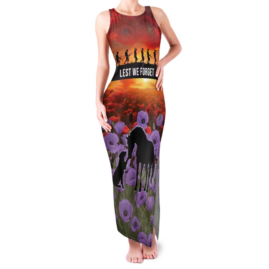 Personalised ANZAC Day Family Matching Tank Maxi Dress and Hawaiian Shirt Remembering the Animals of War LT19 Mom's Dress Purple - Polynesian Pride