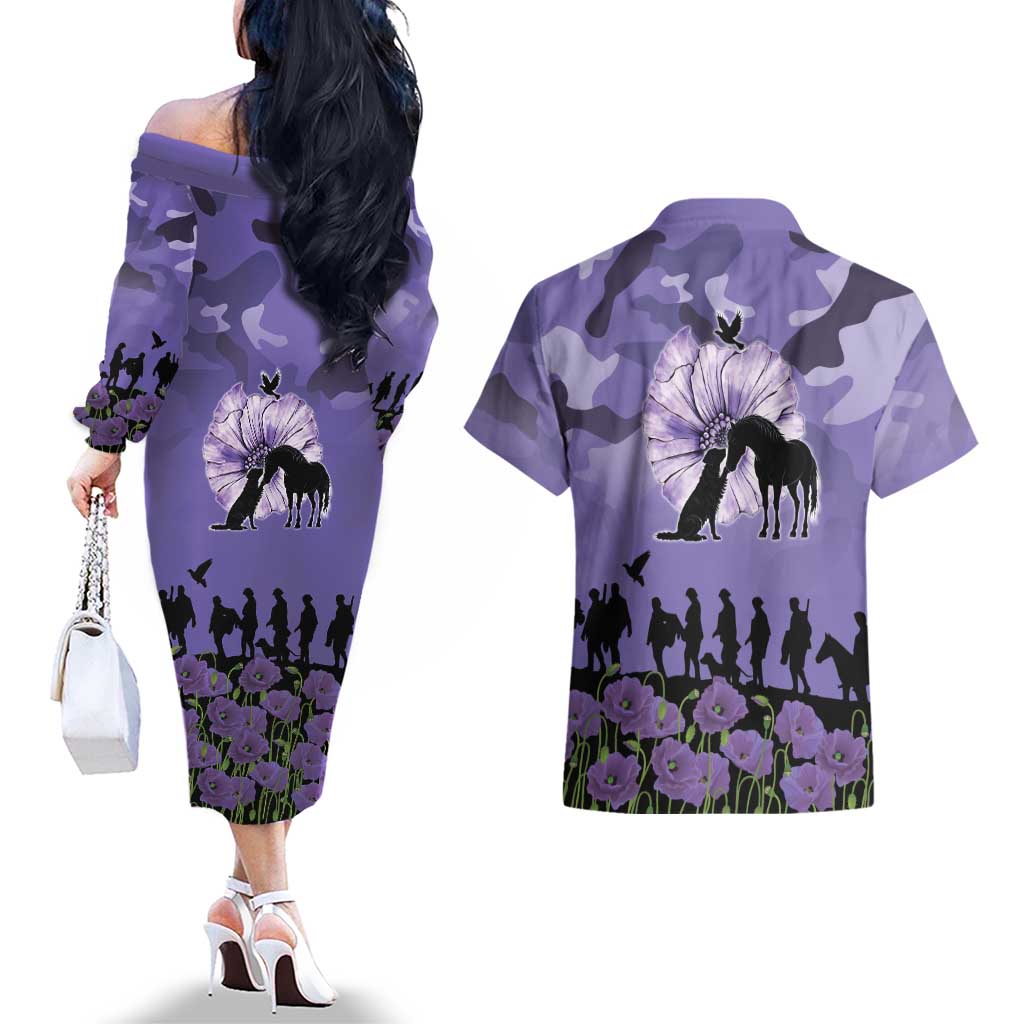 ANZAC Day Couples Matching Off The Shoulder Long Sleeve Dress and Hawaiian Shirt Lest We Forget the Animals Too