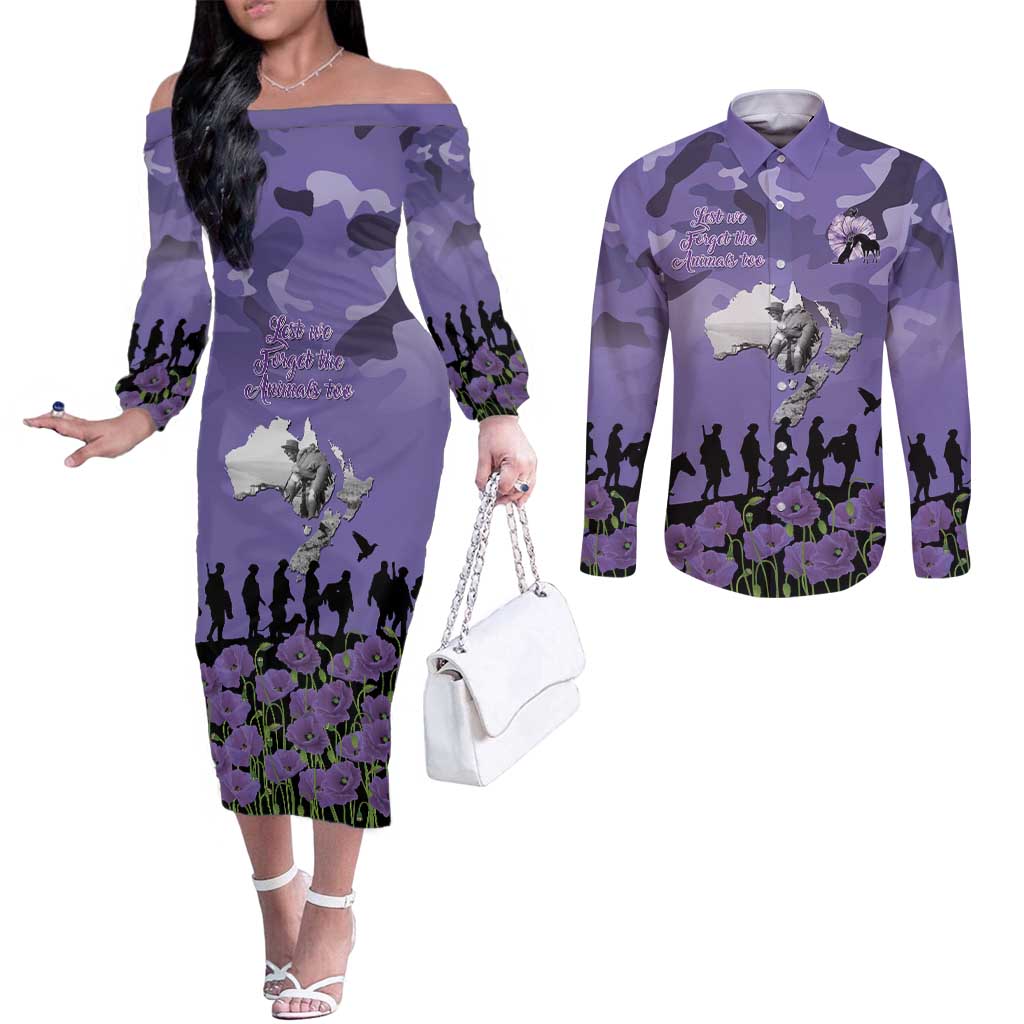 ANZAC Day Couples Matching Off The Shoulder Long Sleeve Dress and Long Sleeve Button Shirt Lest We Forget the Animals Too