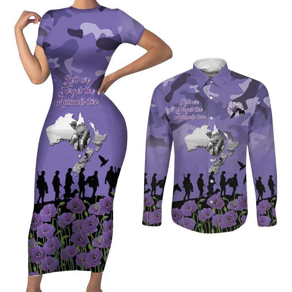 ANZAC Day Couples Matching Short Sleeve Bodycon Dress and Long Sleeve Button Shirt Lest We Forget the Animals Too LT19 Purple - Polynesian Pride