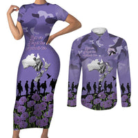 ANZAC Day Couples Matching Short Sleeve Bodycon Dress and Long Sleeve Button Shirt Lest We Forget the Animals Too LT19 Purple - Polynesian Pride