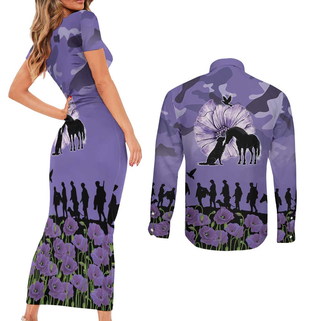 ANZAC Day Couples Matching Short Sleeve Bodycon Dress and Long Sleeve Button Shirt Lest We Forget the Animals Too LT19 - Polynesian Pride