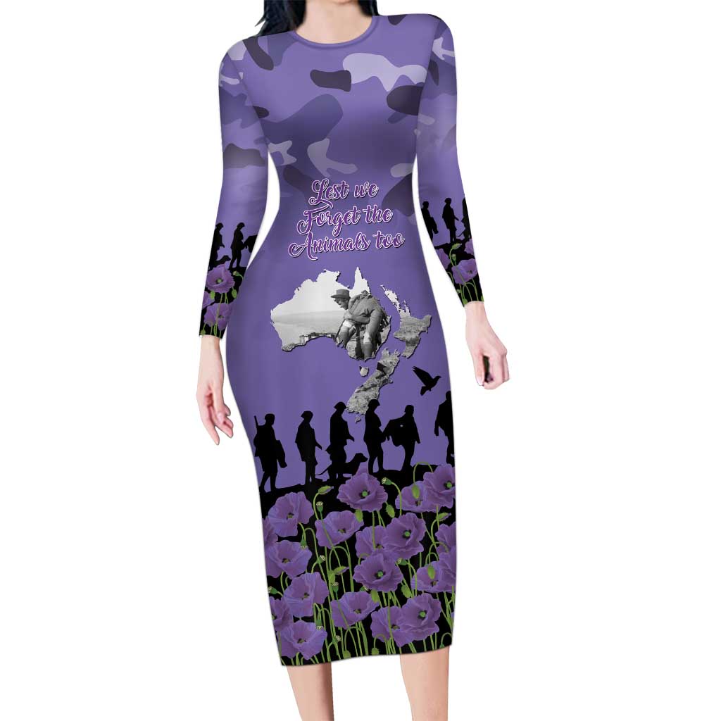 ANZAC Day Family Matching Long Sleeve Bodycon Dress and Hawaiian Shirt Lest We Forget the Animals Too LT19 Mom's Dress Purple - Polynesian Pride
