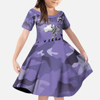 ANZAC Day Family Matching Off Shoulder Short Dress and Hawaiian Shirt Lest We Forget the Animals Too LT19 Daughter's Dress Purple - Polynesian Pride