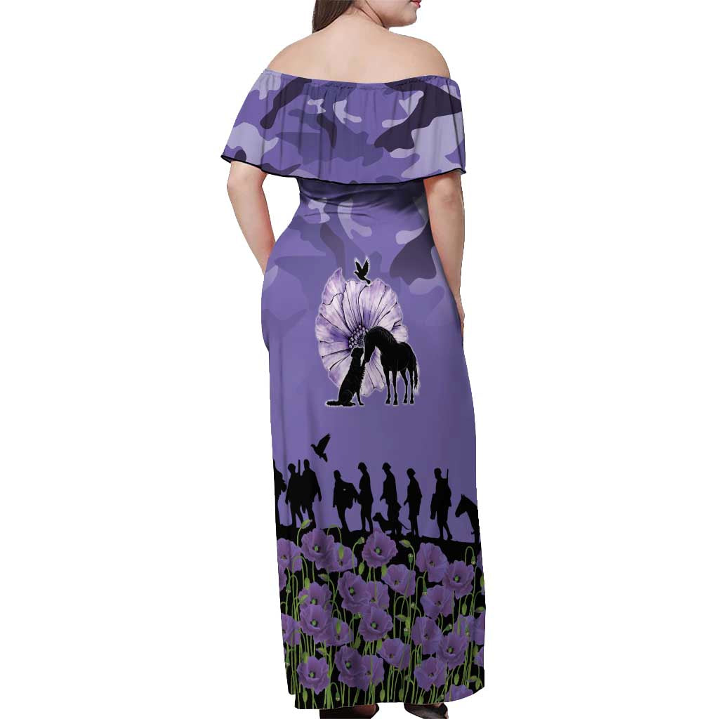 ANZAC Day Off Shoulder Maxi Dress Lest We Forget the Animals Too
