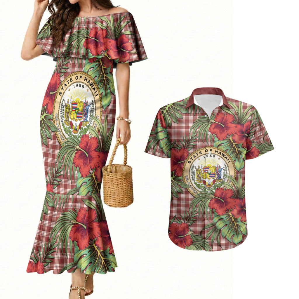 Vintage Hawaii Hibiscus Palaka Couples Matching Mermaid Dress and Hawaiian Shirt Red Color LT19 Red - Polynesian Pride