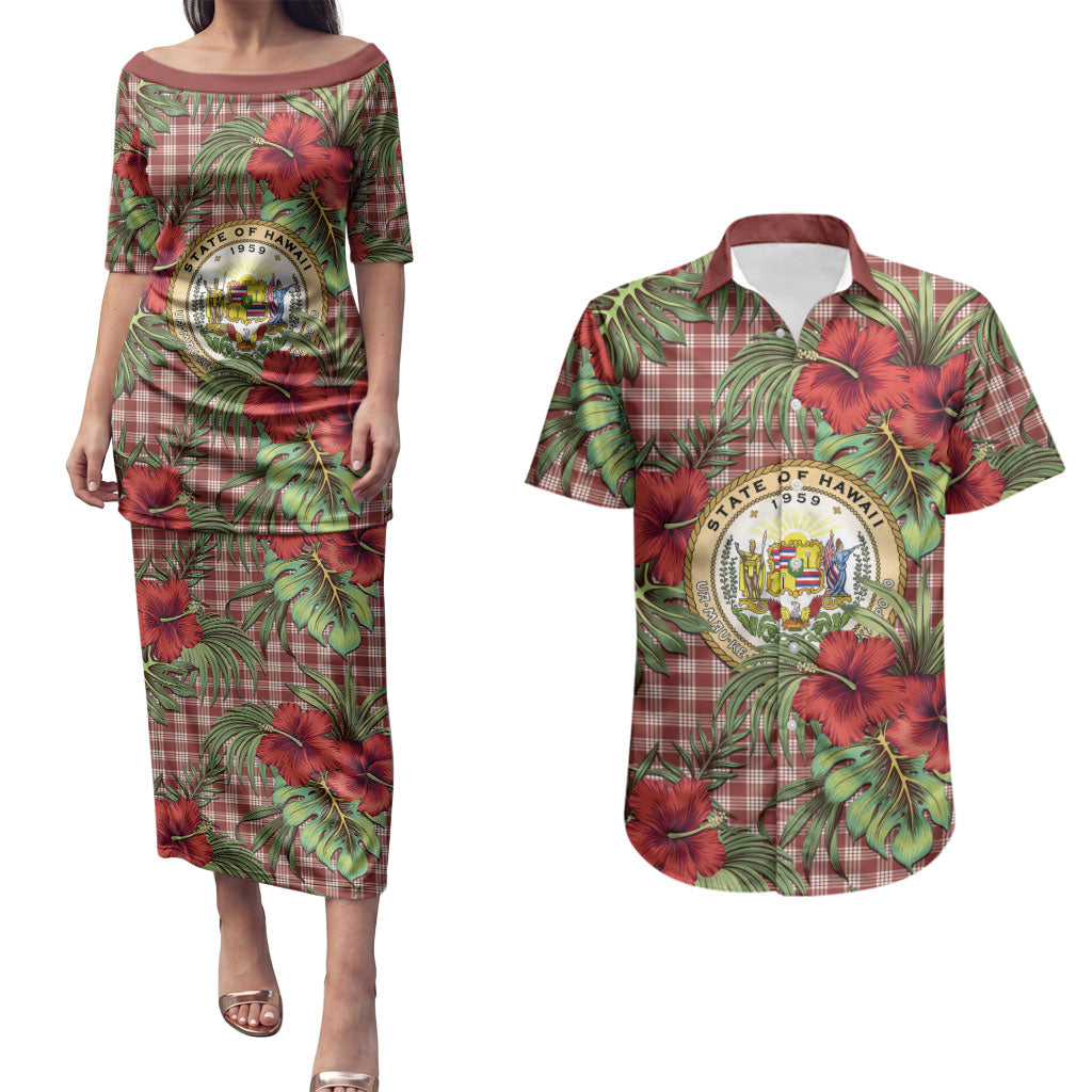 Vintage Hawaii Hibiscus Palaka Couples Matching Puletasi and Hawaiian Shirt Red Color LT19 Red - Polynesian Pride