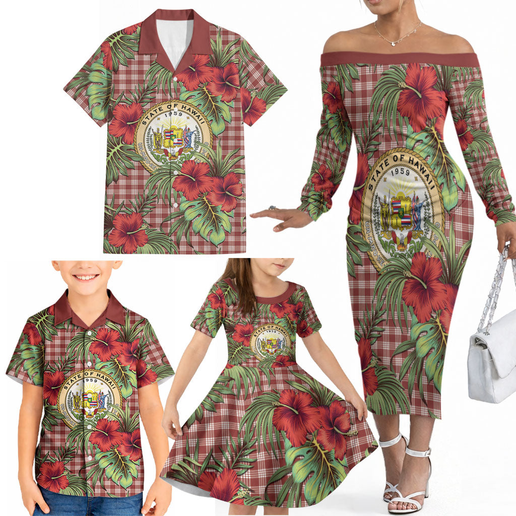 Vintage Hawaii Hibiscus Palaka Family Matching Off The Shoulder Long Sleeve Dress and Hawaiian Shirt Red Color LT19 - Polynesian Pride