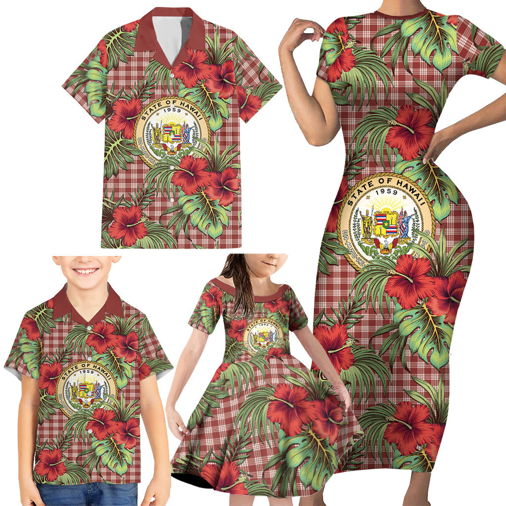 Vintage Hawaii Hibiscus Palaka Family Matching Short Sleeve Bodycon Dress and Hawaiian Shirt Red Color
