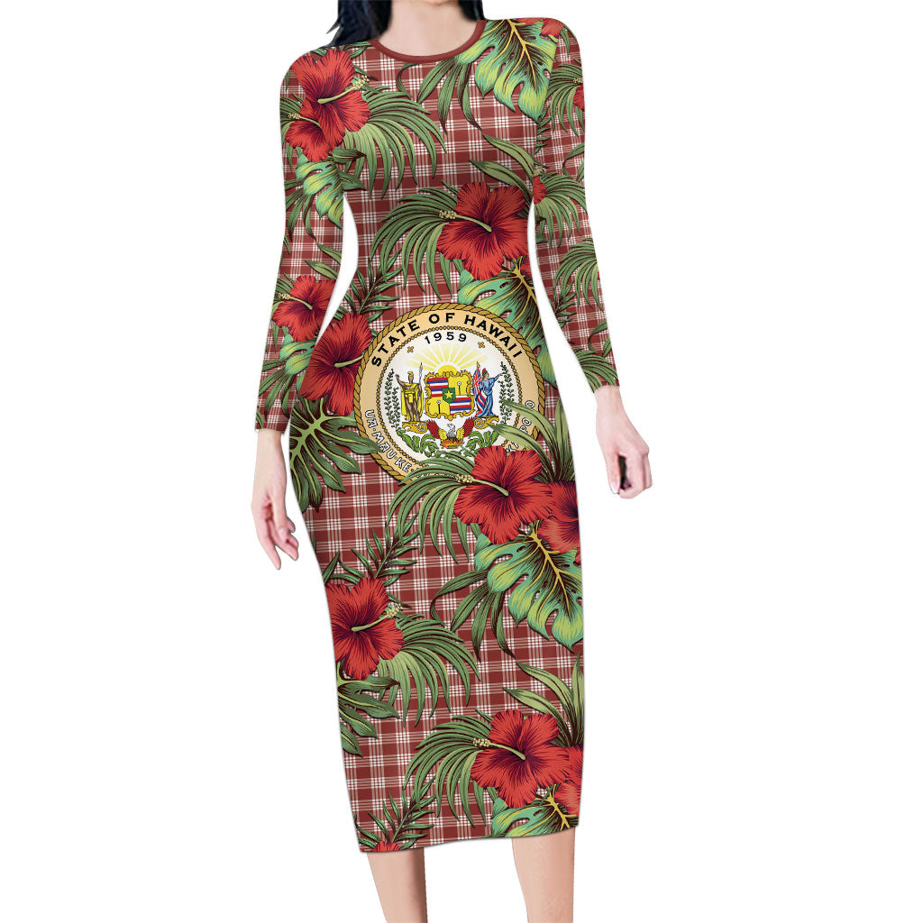 Vintage Hawaii Hibiscus Palaka Long Sleeve Bodycon Dress Red Color