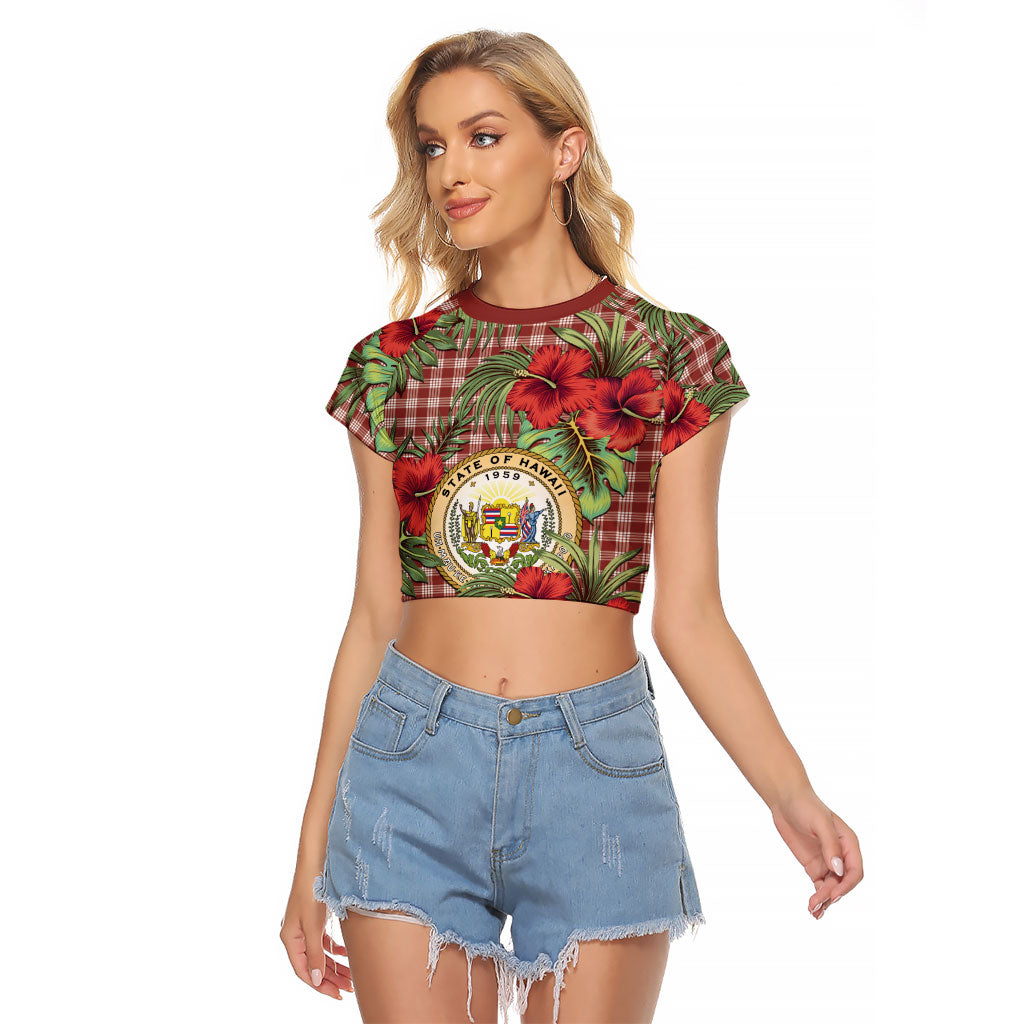 Vintage Hawaii Hibiscus Palaka Raglan Cropped T Shirt Red Color