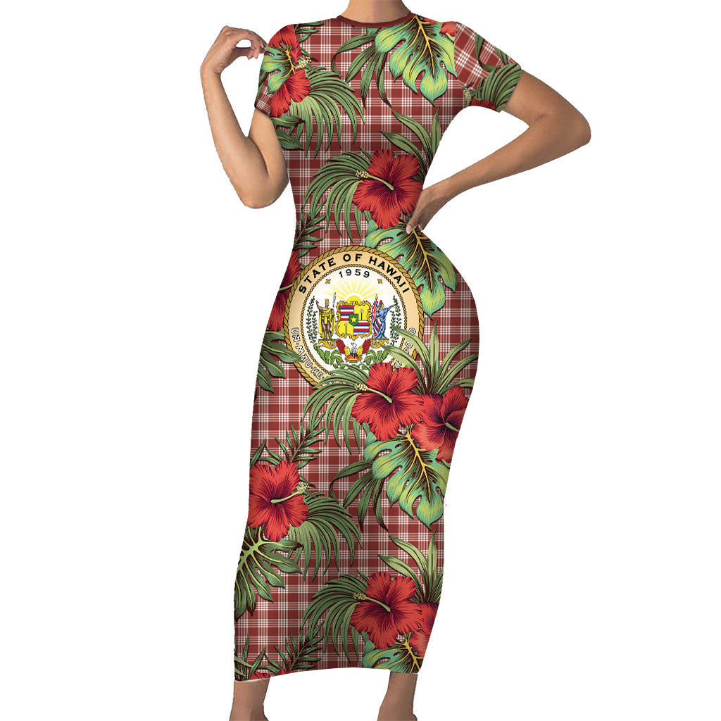 Vintage Hawaii Hibiscus Palaka Short Sleeve Bodycon Dress Red Color
