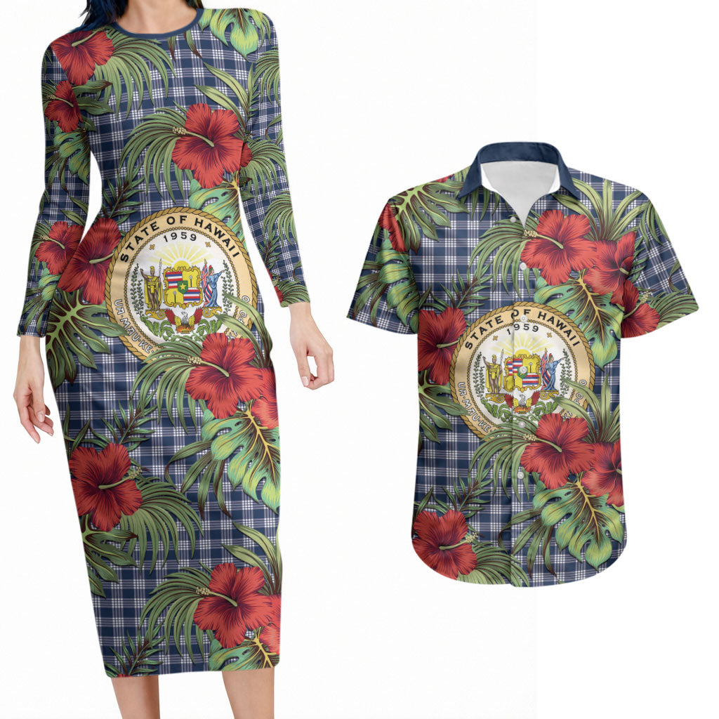 Vintage Hawaii Hibiscus Palaka Couples Matching Long Sleeve Bodycon Dress and Hawaiian Shirt Navy Color LT19 Navy - Polynesian Pride