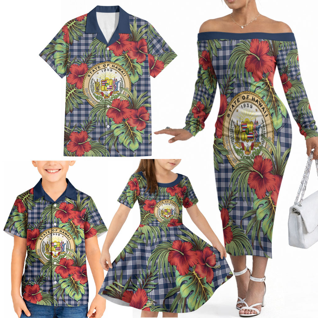 Vintage Hawaii Hibiscus Palaka Family Matching Off The Shoulder Long Sleeve Dress and Hawaiian Shirt Navy Color LT19 - Polynesian Pride