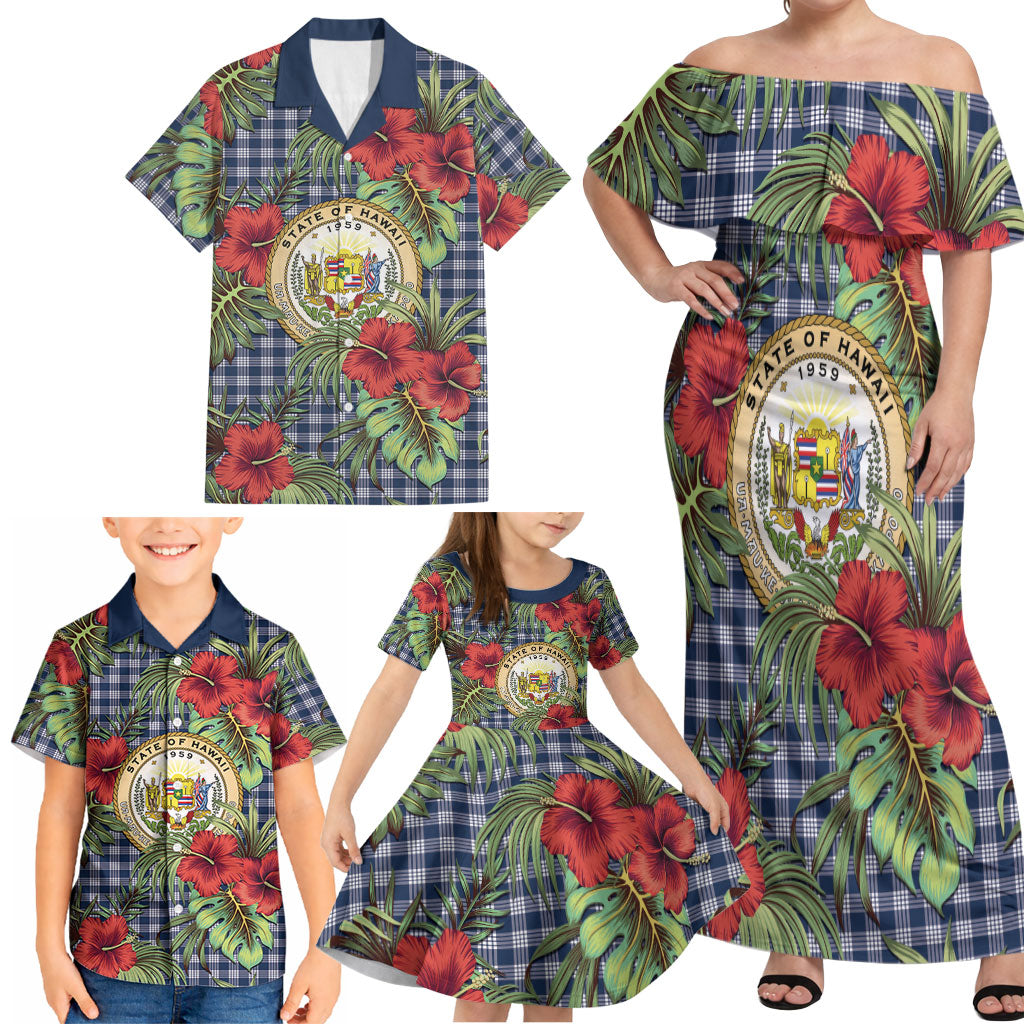 Vintage Hawaii Hibiscus Palaka Family Matching Off Shoulder Maxi Dress and Hawaiian Shirt Navy Color LT19 - Polynesian Pride