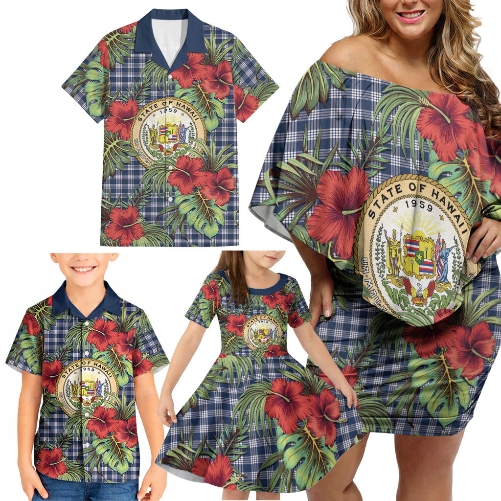 Vintage Hawaii Hibiscus Palaka Family Matching Off Shoulder Short Dress and Hawaiian Shirt Navy Color LT19 - Polynesian Pride