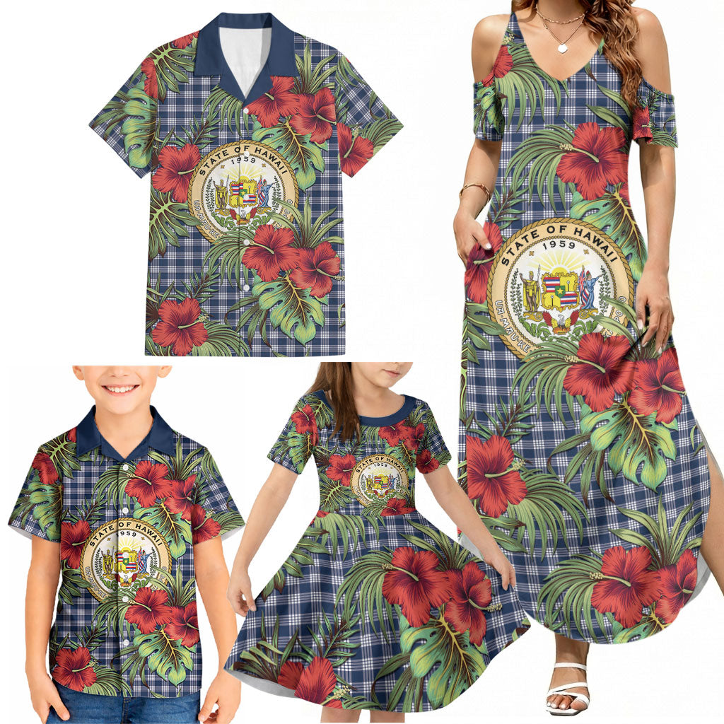 Vintage Hawaii Hibiscus Palaka Family Matching Summer Maxi Dress and Hawaiian Shirt Navy Color LT19 - Polynesian Pride