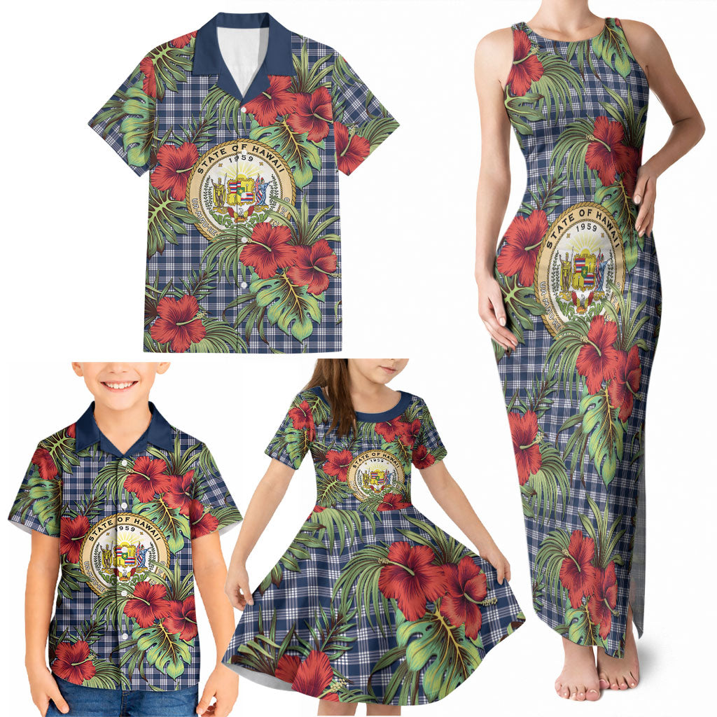 Vintage Hawaii Hibiscus Palaka Family Matching Tank Maxi Dress and Hawaiian Shirt Navy Color LT19 - Polynesian Pride