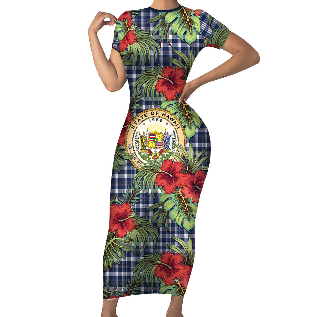 Vintage Hawaii Hibiscus Palaka Short Sleeve Bodycon Dress Navy Color