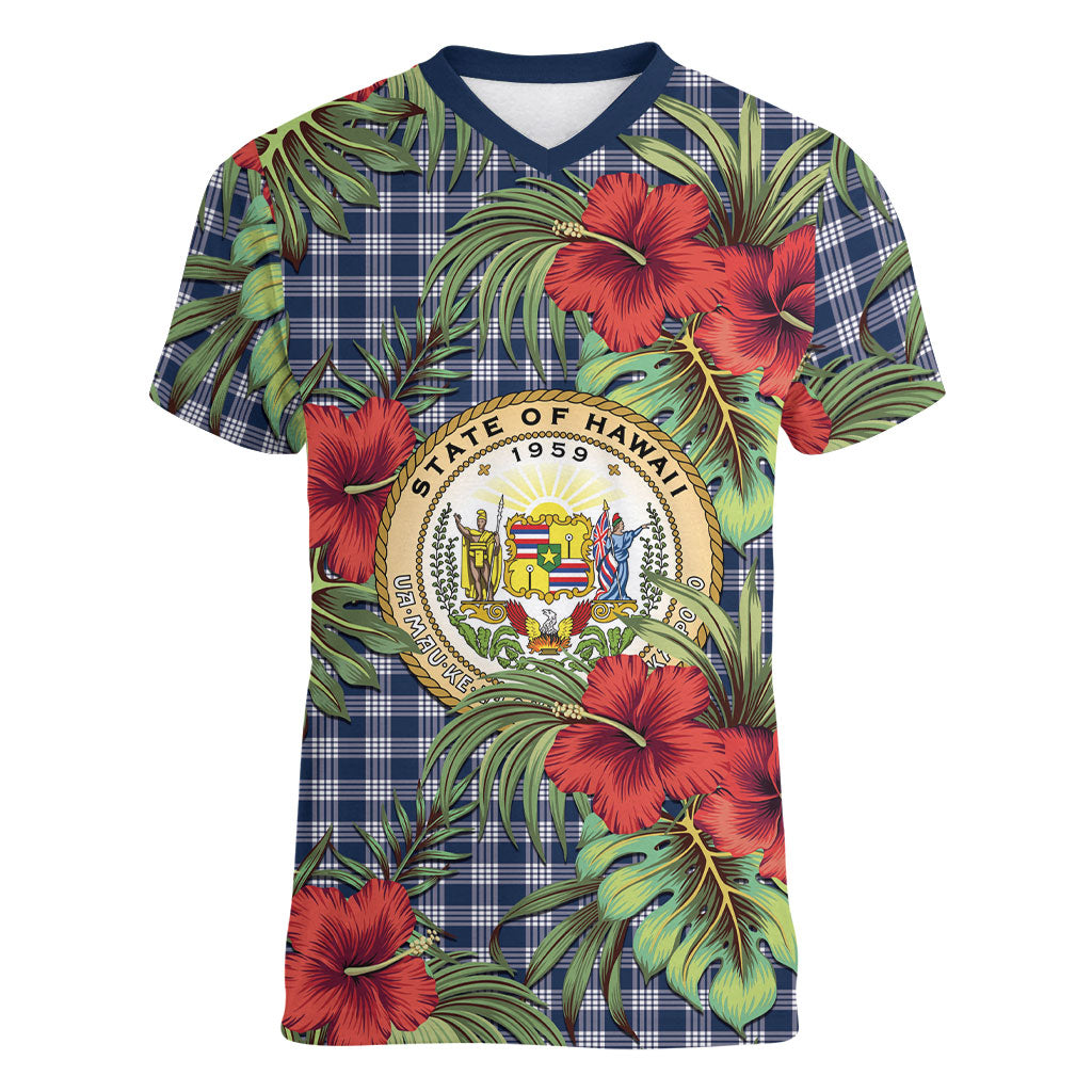Vintage Hawaii Hibiscus Palaka Women V-Neck T-Shirt Navy Color