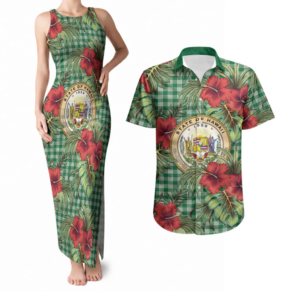 Vintage Hawaii Hibiscus Palaka Couples Matching Tank Maxi Dress and Hawaiian Shirt Green Color LT19 Green - Polynesian Pride