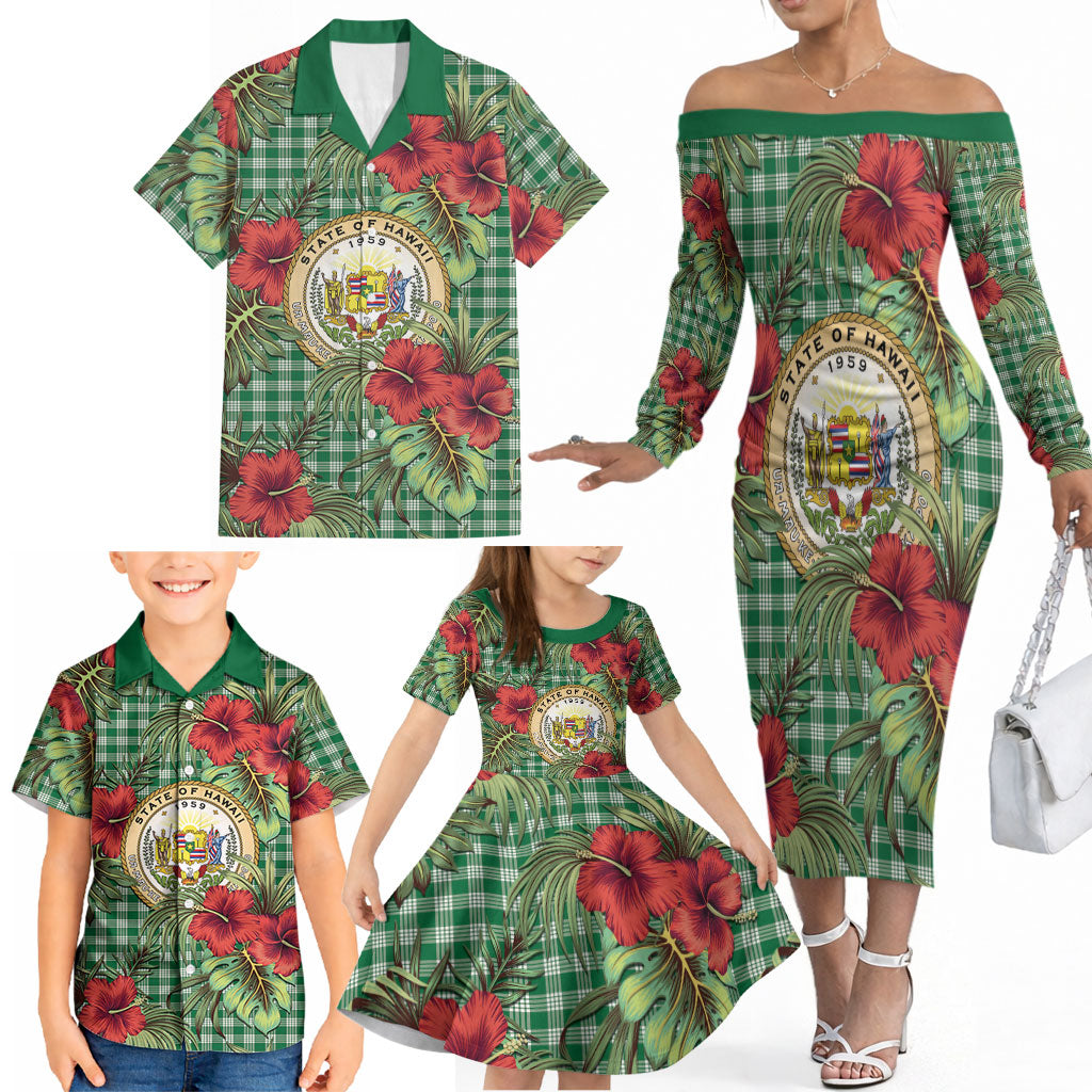 Vintage Hawaii Hibiscus Palaka Family Matching Off The Shoulder Long Sleeve Dress and Hawaiian Shirt Green Color LT19 - Polynesian Pride