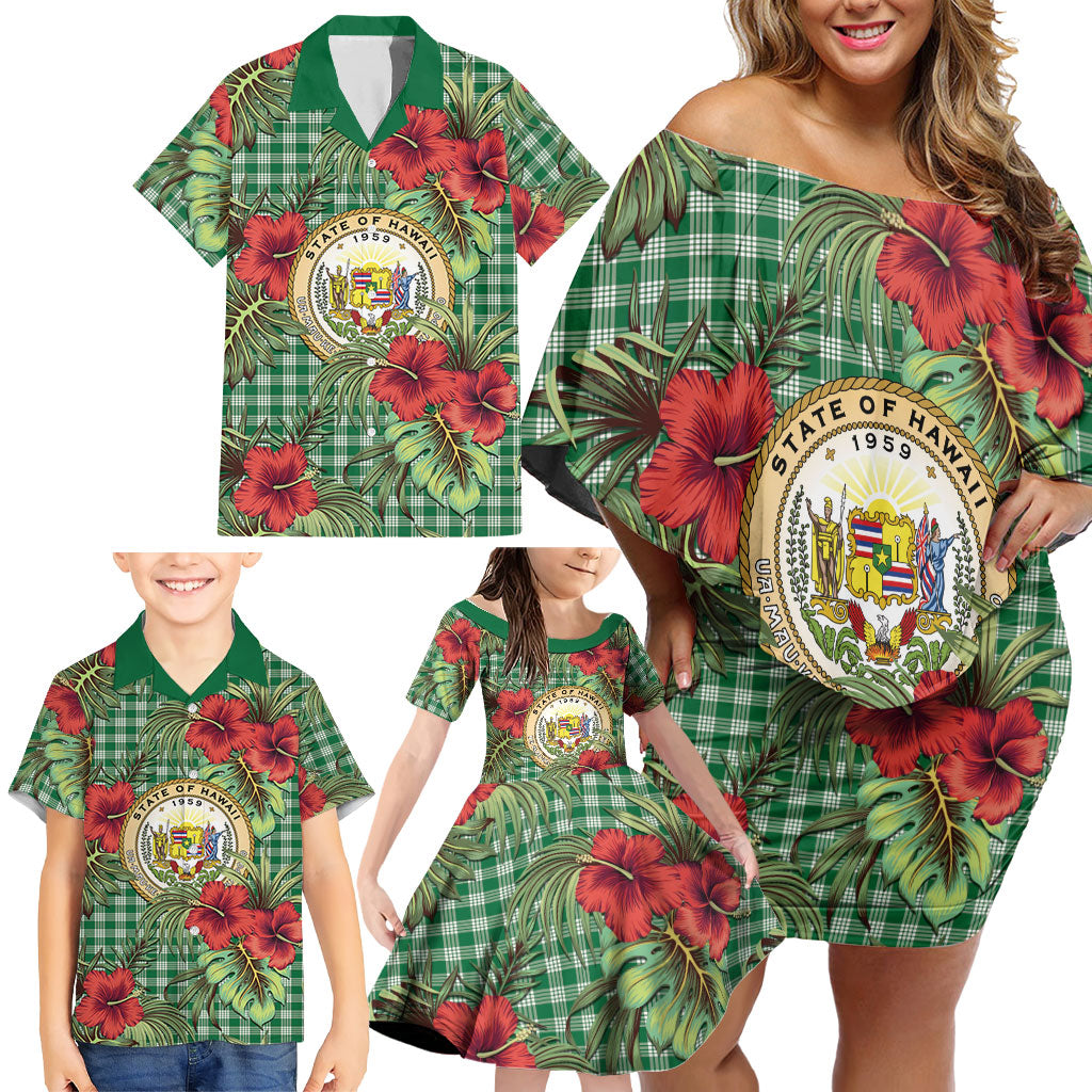 Vintage Hawaii Hibiscus Palaka Family Matching Off Shoulder Short Dress and Hawaiian Shirt Green Color