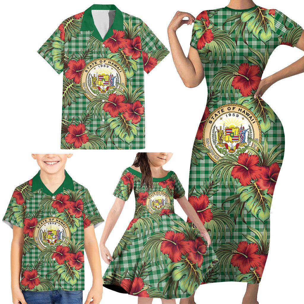Vintage Hawaii Hibiscus Palaka Family Matching Short Sleeve Bodycon Dress and Hawaiian Shirt Green Color