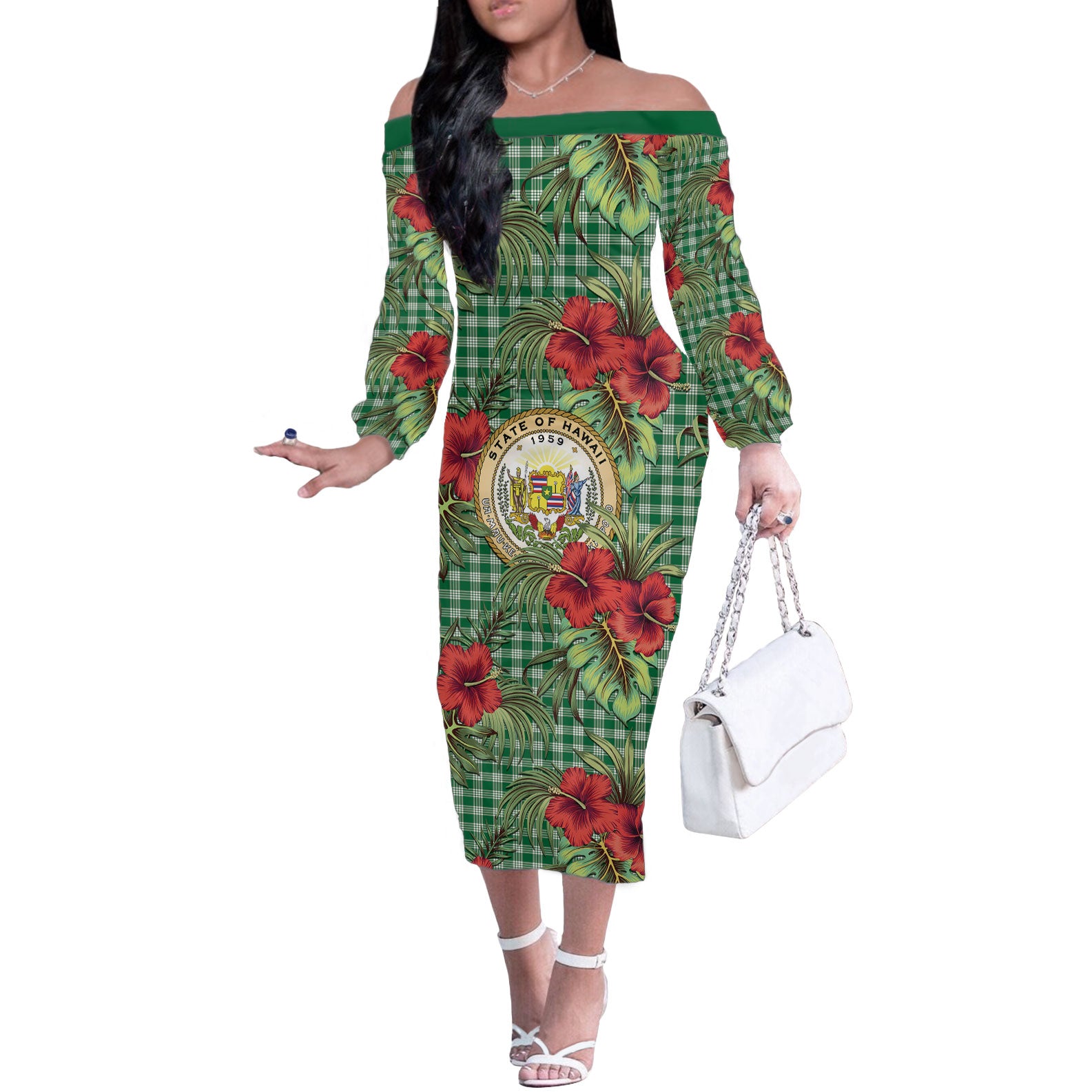 Vintage Hawaii Hibiscus Palaka Off The Shoulder Long Sleeve Dress Green Color