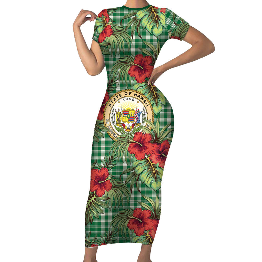 Vintage Hawaii Hibiscus Palaka Short Sleeve Bodycon Dress Green Color