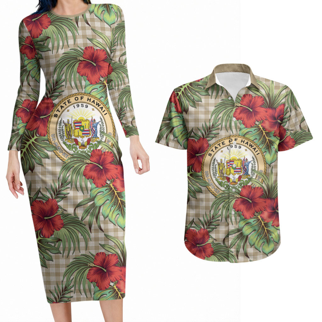 Vintage Hawaii Hibiscus Palaka Couples Matching Long Sleeve Bodycon Dress and Hawaiian Shirt Khaki Color LT19 Khaki - Polynesian Pride
