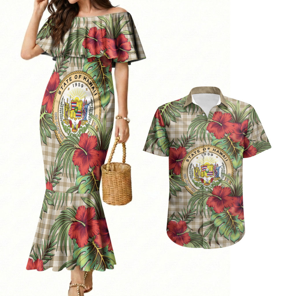 Vintage Hawaii Hibiscus Palaka Couples Matching Mermaid Dress and Hawaiian Shirt Khaki Color LT19 Khaki - Polynesian Pride