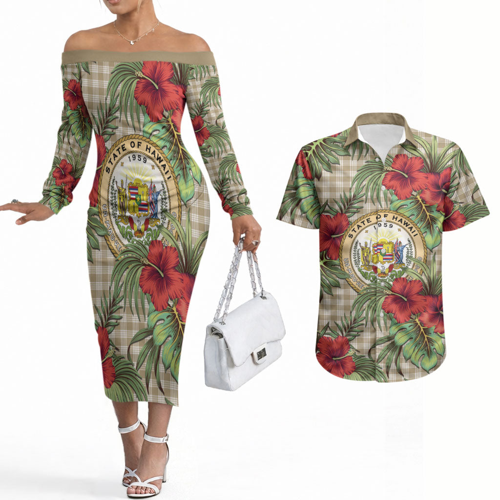 Vintage Hawaii Hibiscus Palaka Couples Matching Off The Shoulder Long Sleeve Dress and Hawaiian Shirt Khaki Color LT19 Khaki - Polynesian Pride