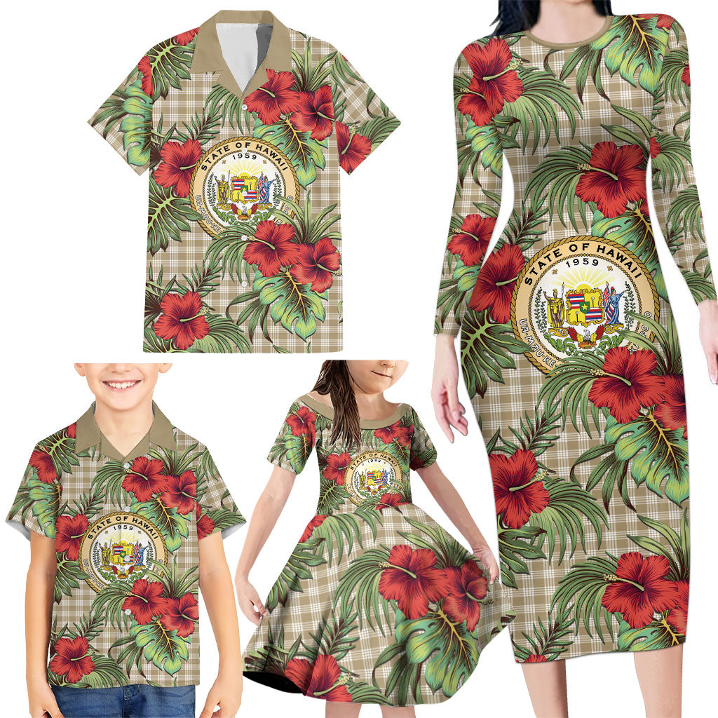 Vintage Hawaii Hibiscus Palaka Family Matching Long Sleeve Bodycon Dress and Hawaiian Shirt Khaki Color
