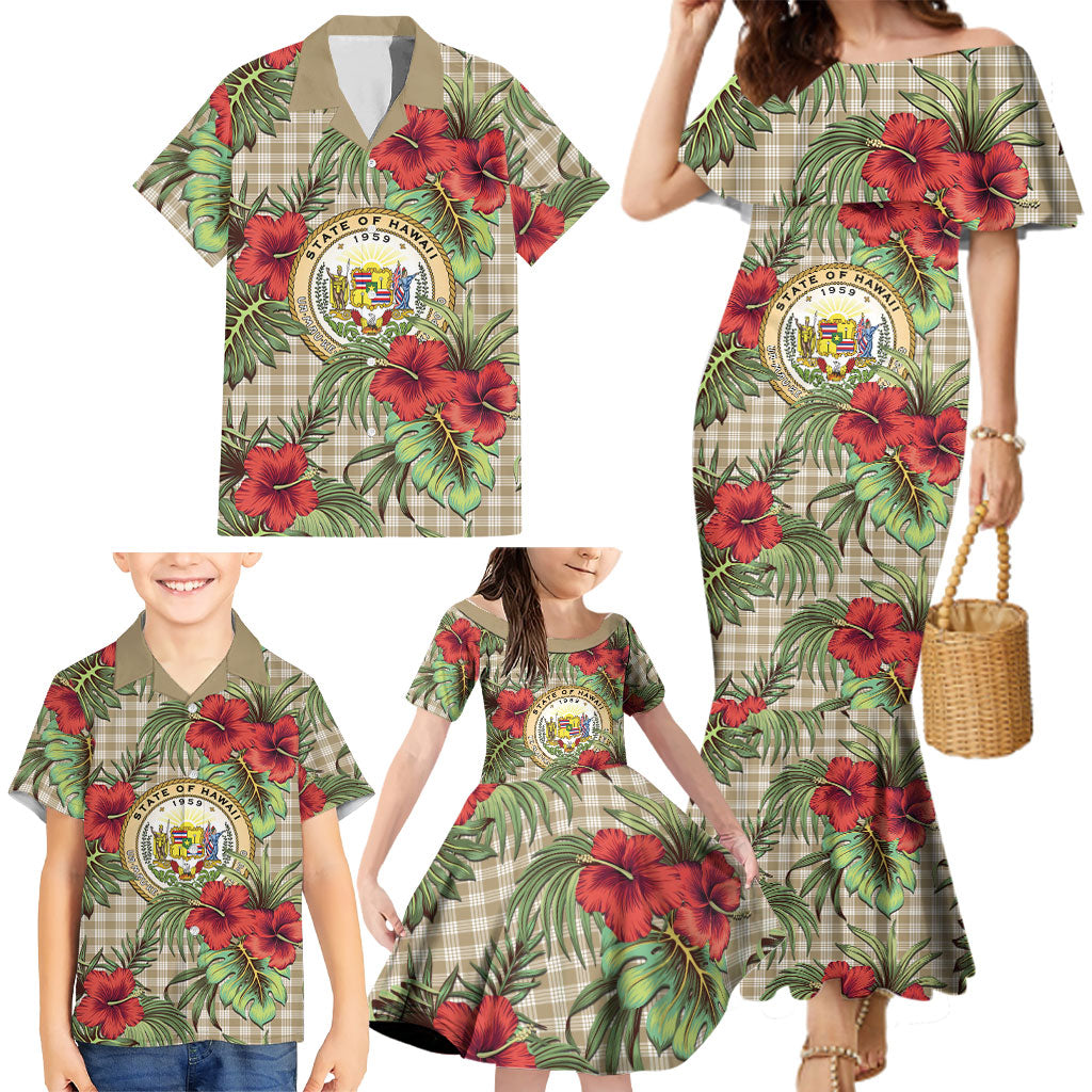 Vintage Hawaii Hibiscus Palaka Family Matching Mermaid Dress and Hawaiian Shirt Khaki Color